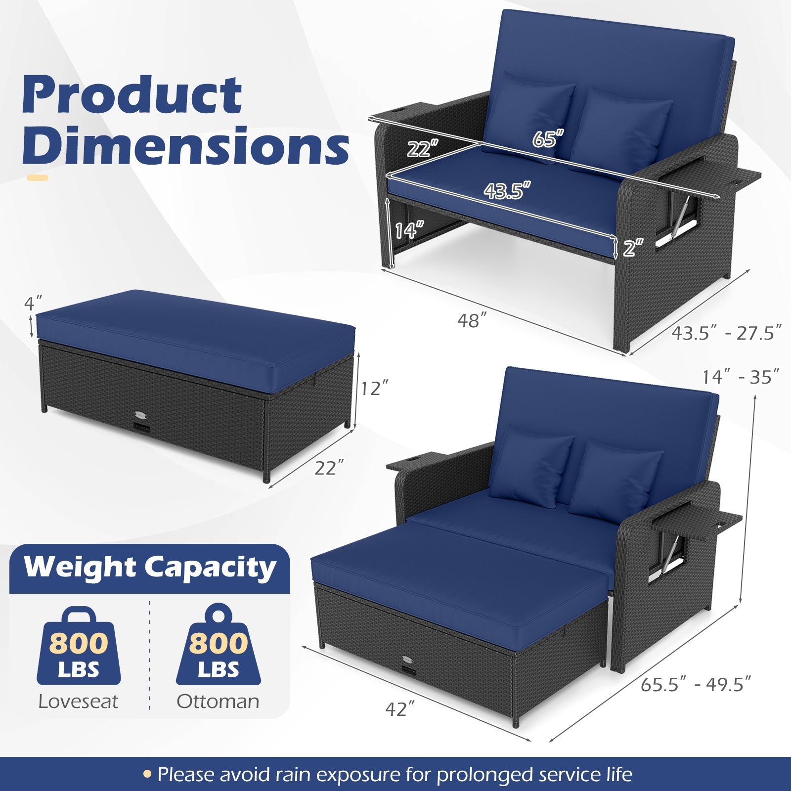 Wicker Outdoor Daybed with 4-Level Adjustable Backrest and Storage Ottoman