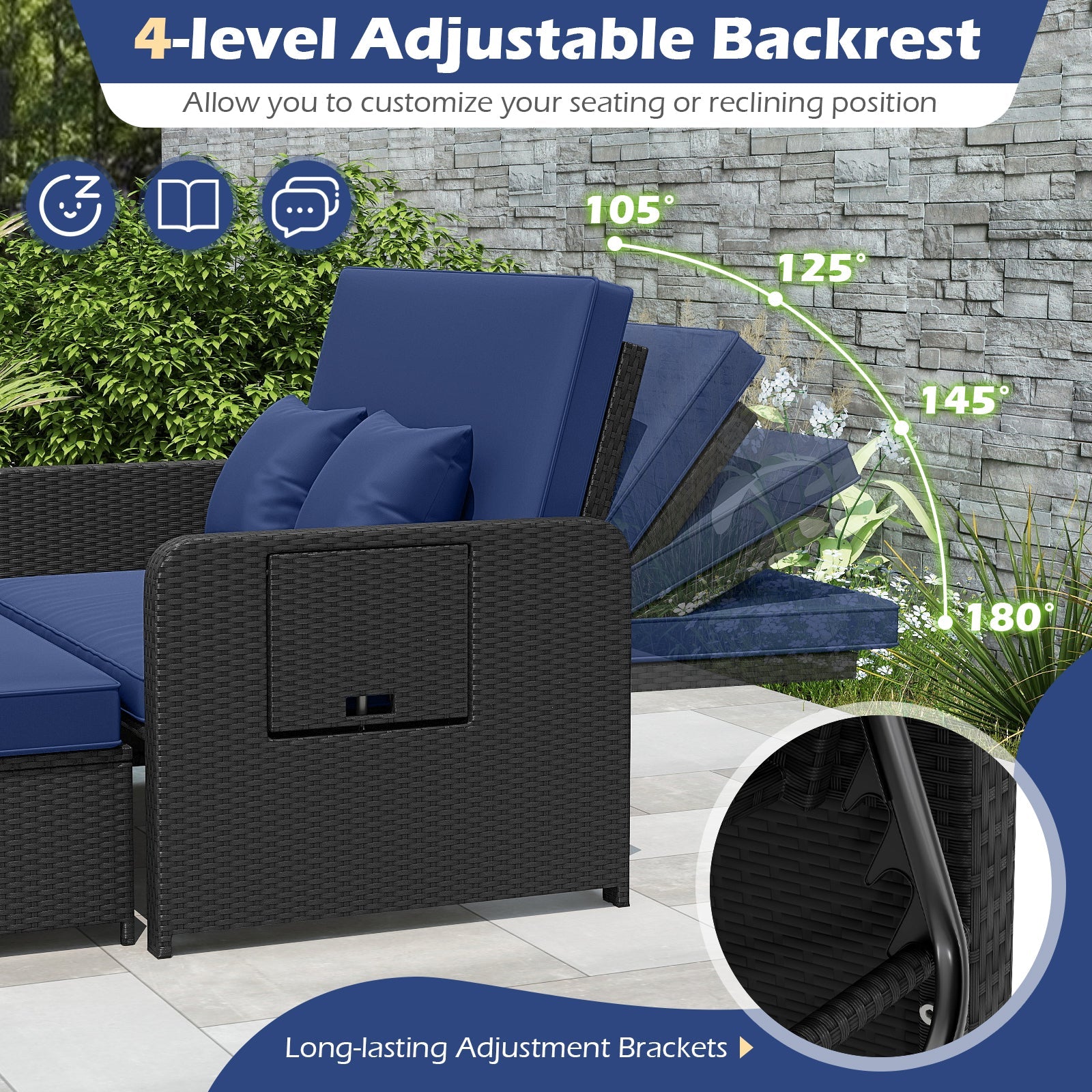 Wicker Outdoor Daybed with 4-Level Adjustable Backrest and Storage Ottoman