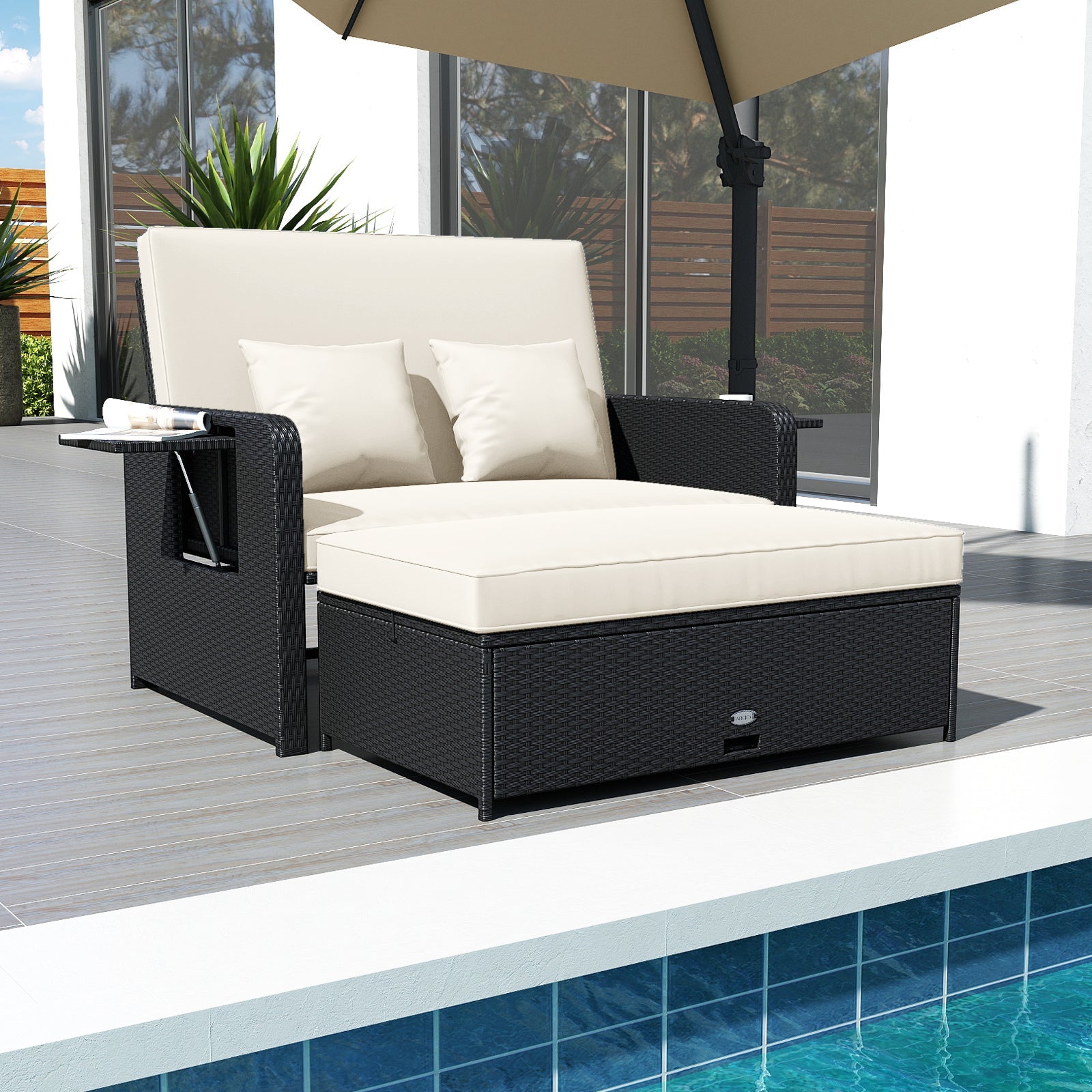 Wicker Outdoor Daybed with 4-Level Adjustable Backrest and Storage Ottoman