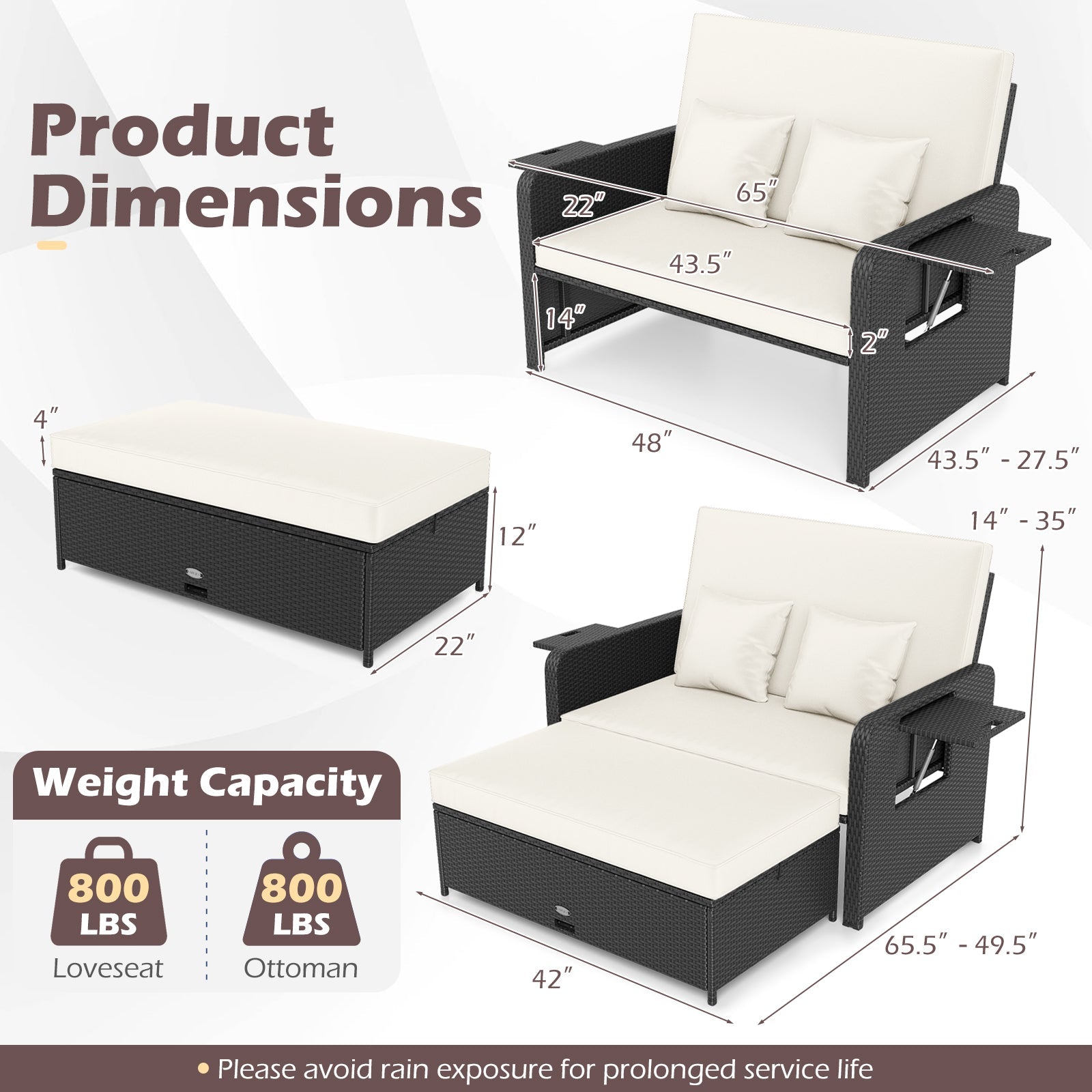 Wicker Outdoor Daybed with 4-Level Adjustable Backrest and Storage Ottoman