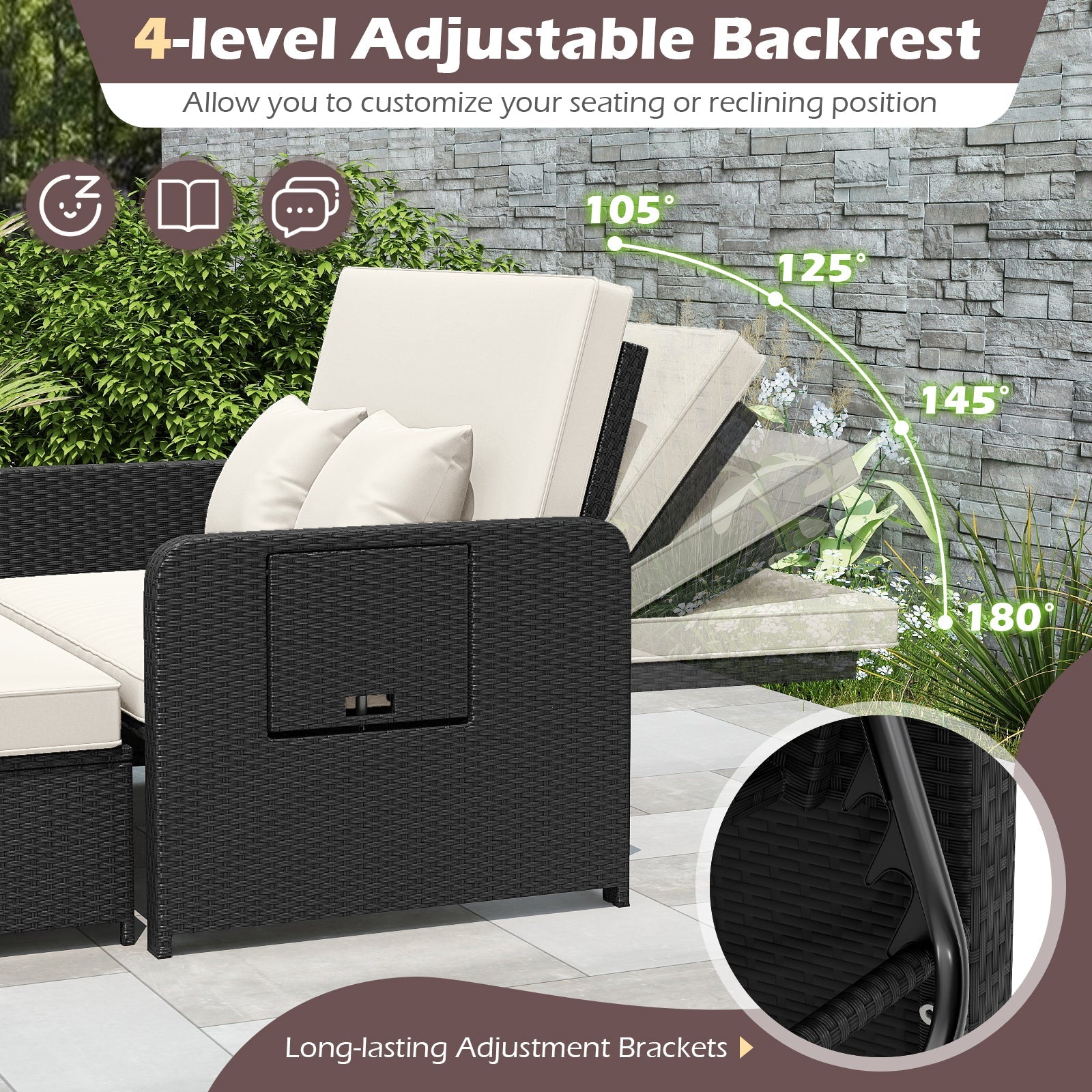Wicker Outdoor Daybed with 4-Level Adjustable Backrest and Storage Ottoman