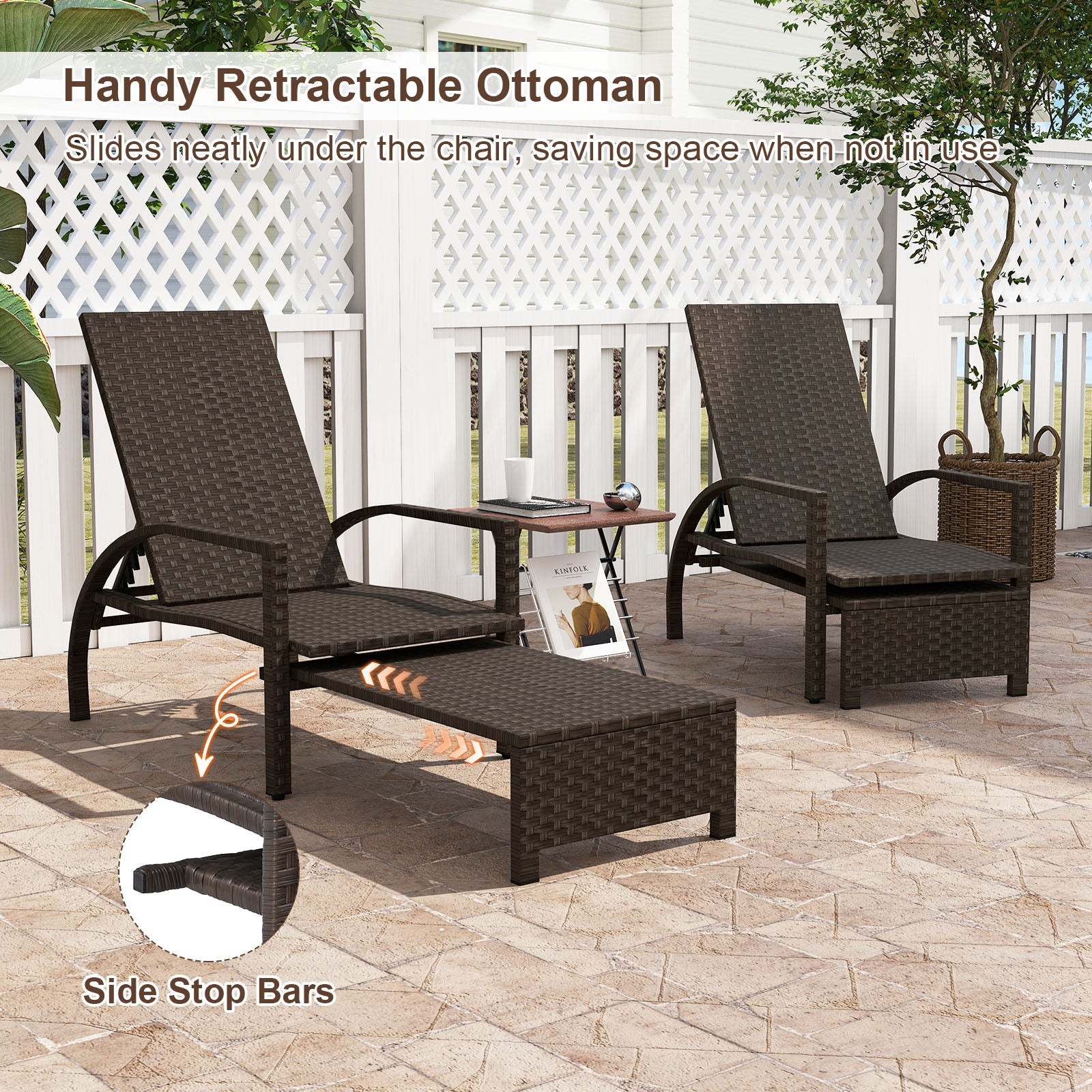 Patio Chaise Lounge - Rattan Lounge Chair with Retractable Ottoman