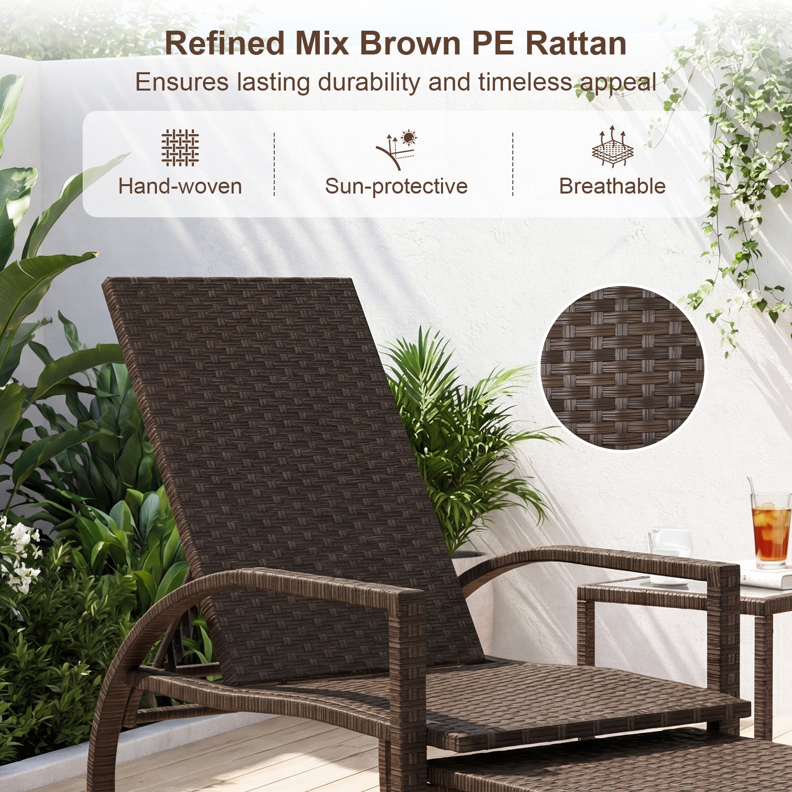Patio Chaise Lounge - Rattan Lounge Chair with Retractable Ottoman