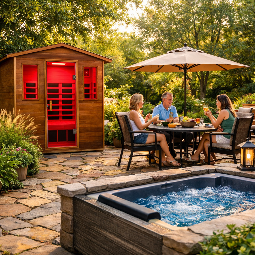 The Vanta Luxury 3-Person Outdoor Mahogany Full Spectrum Ultra-Low EMF FAR Infrared Sauna With Chromotherapy And Bluetooth Speakers
