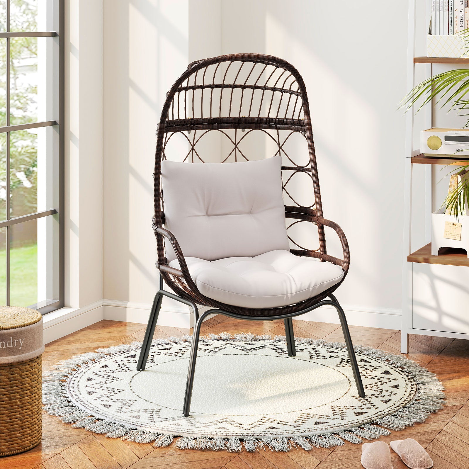 Patio Wicker Egg Chair Outdoor Rattan Lounge Basket with Seat and Back Cushions