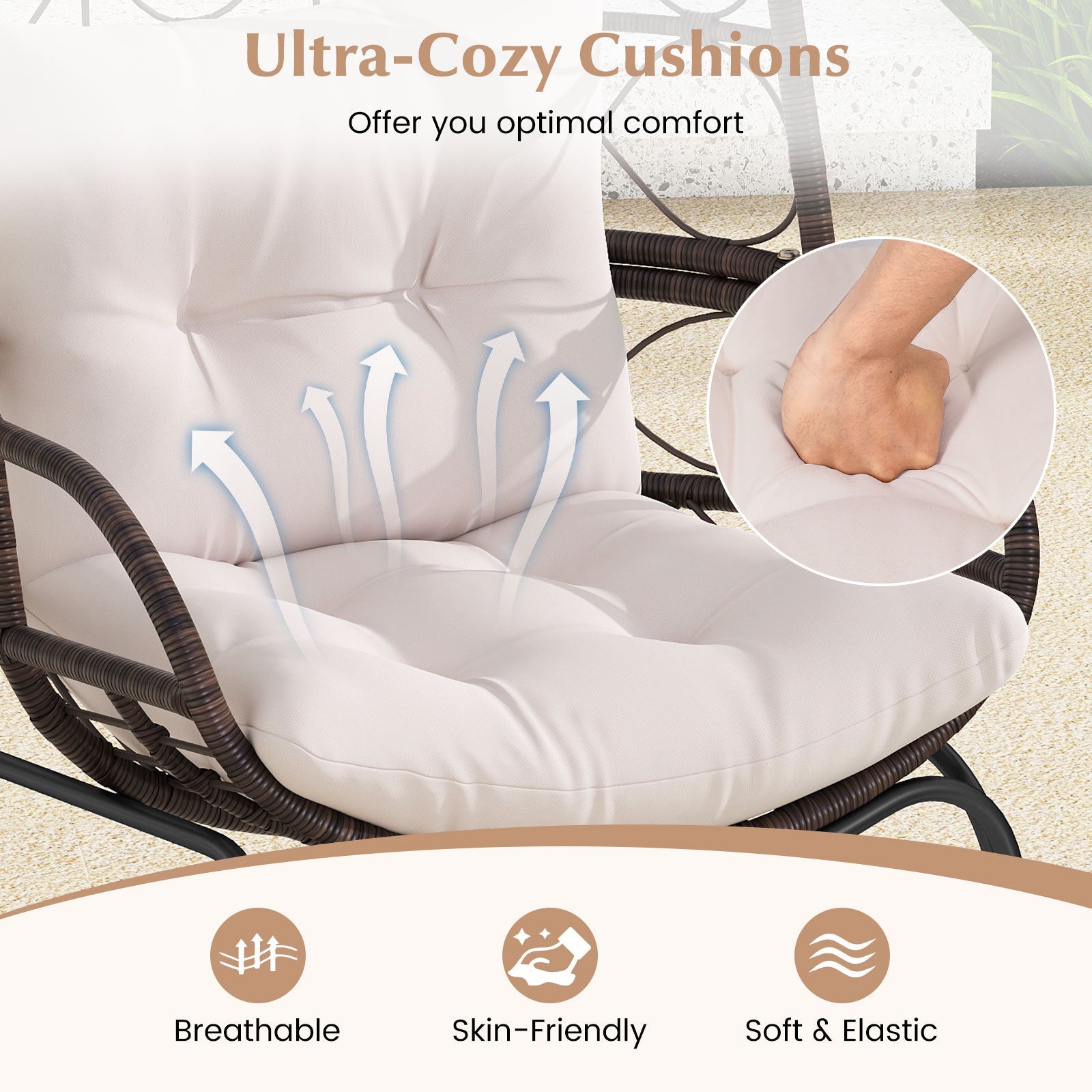 Patio Wicker Egg Chair Outdoor Rattan Lounge Basket with Seat and Back Cushions