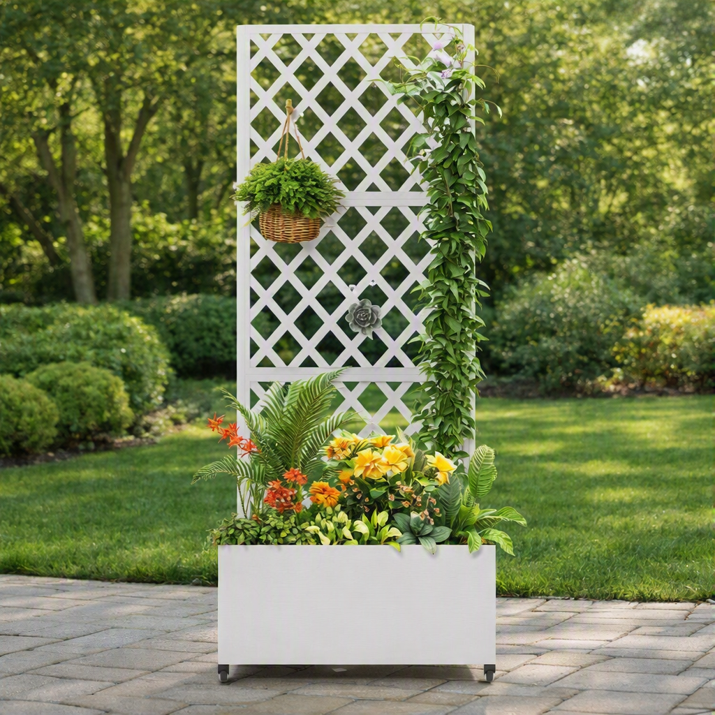 White Metal Outdoor Raised Garden  Planter Box with Trellis on Wheels