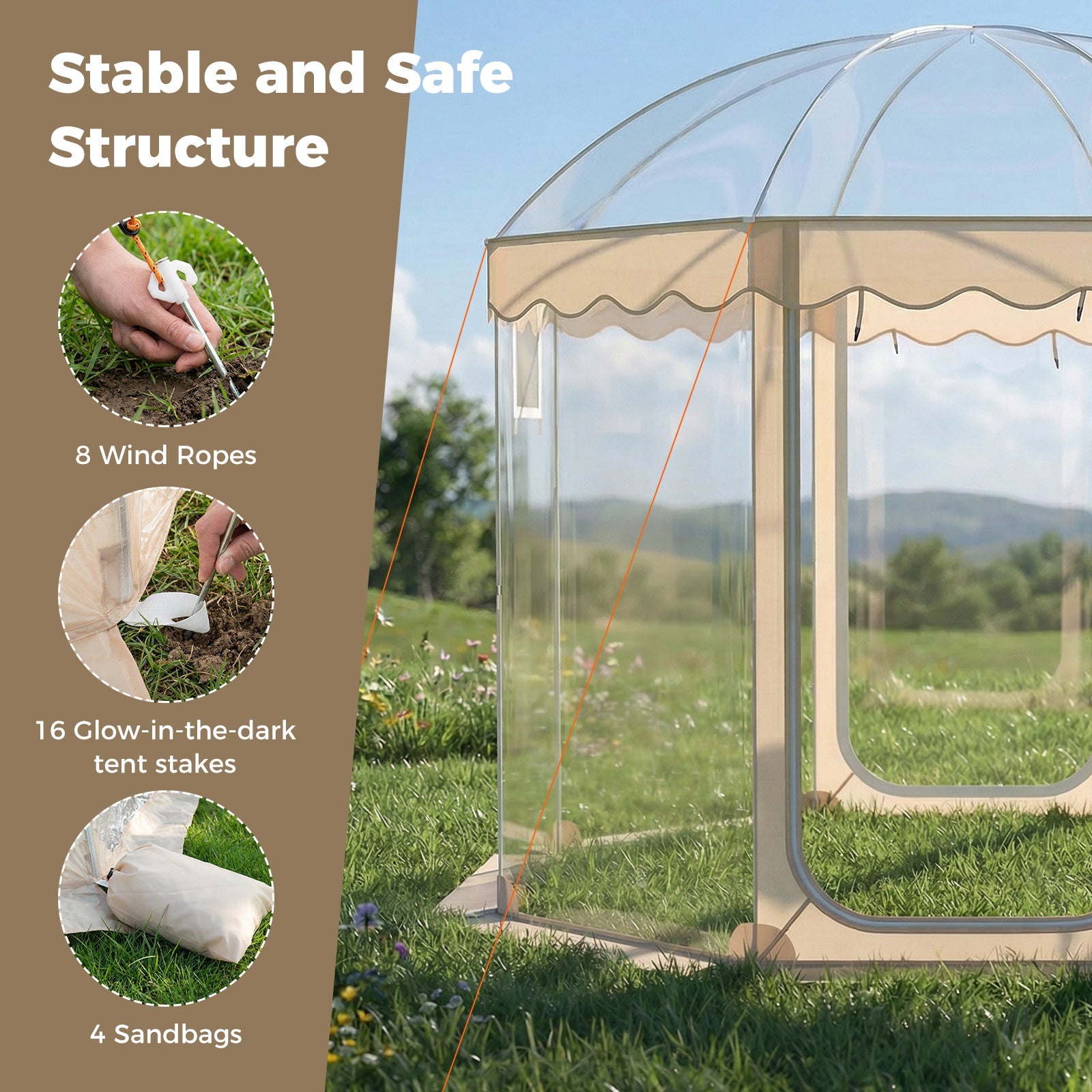 Pop Up Bubble Tent 10 x 10 FT for 8-10 People Weatherproof Pod with 540° Panoramic Clear PVC