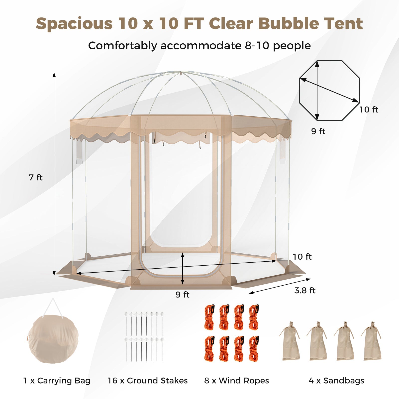 Pop Up Bubble Tent 10 x 10 FT for 8-10 People Weatherproof Pod with 540° Panoramic Clear PVC