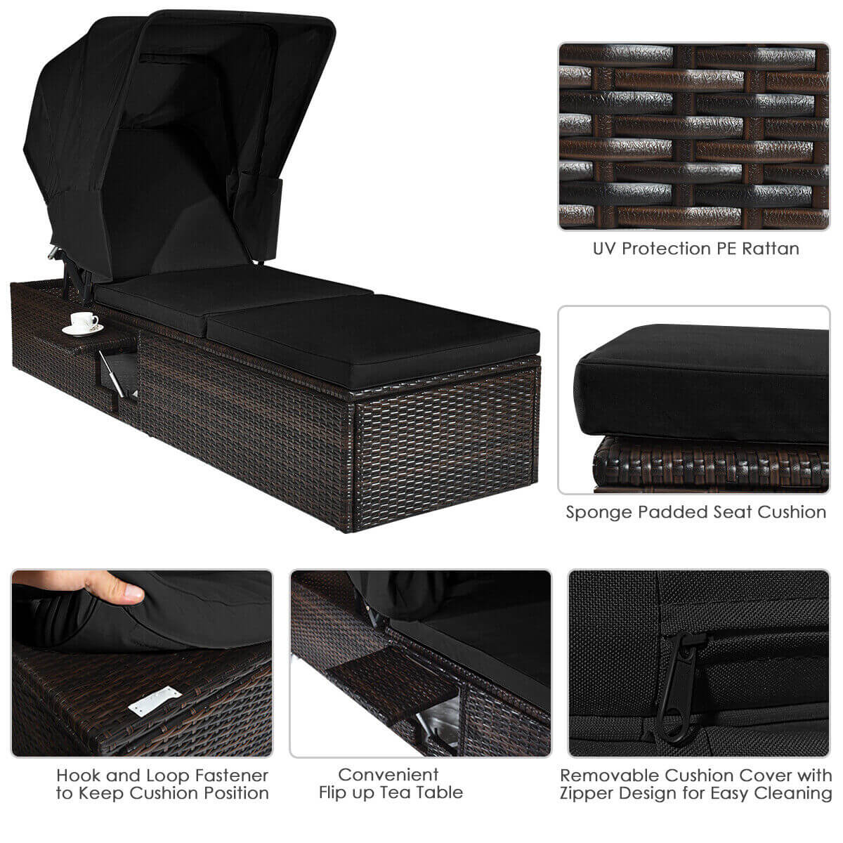 Outdoor Chaise Lounge Chair with Folding Canopy