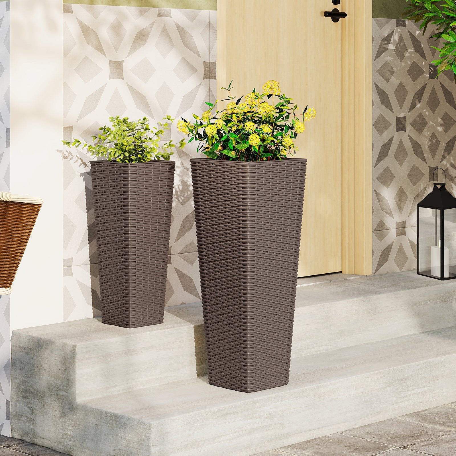 Rattan Tall Planter Set of 2 Outdoor Large Tapered Planters with Removable Inner Trays