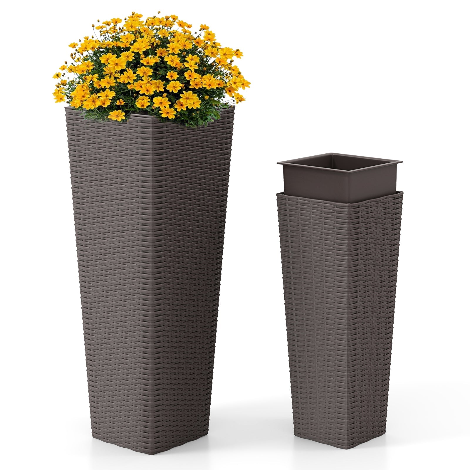 Rattan Tall Planter Set of 2 Outdoor Large Tapered Planters with Removable Inner Trays