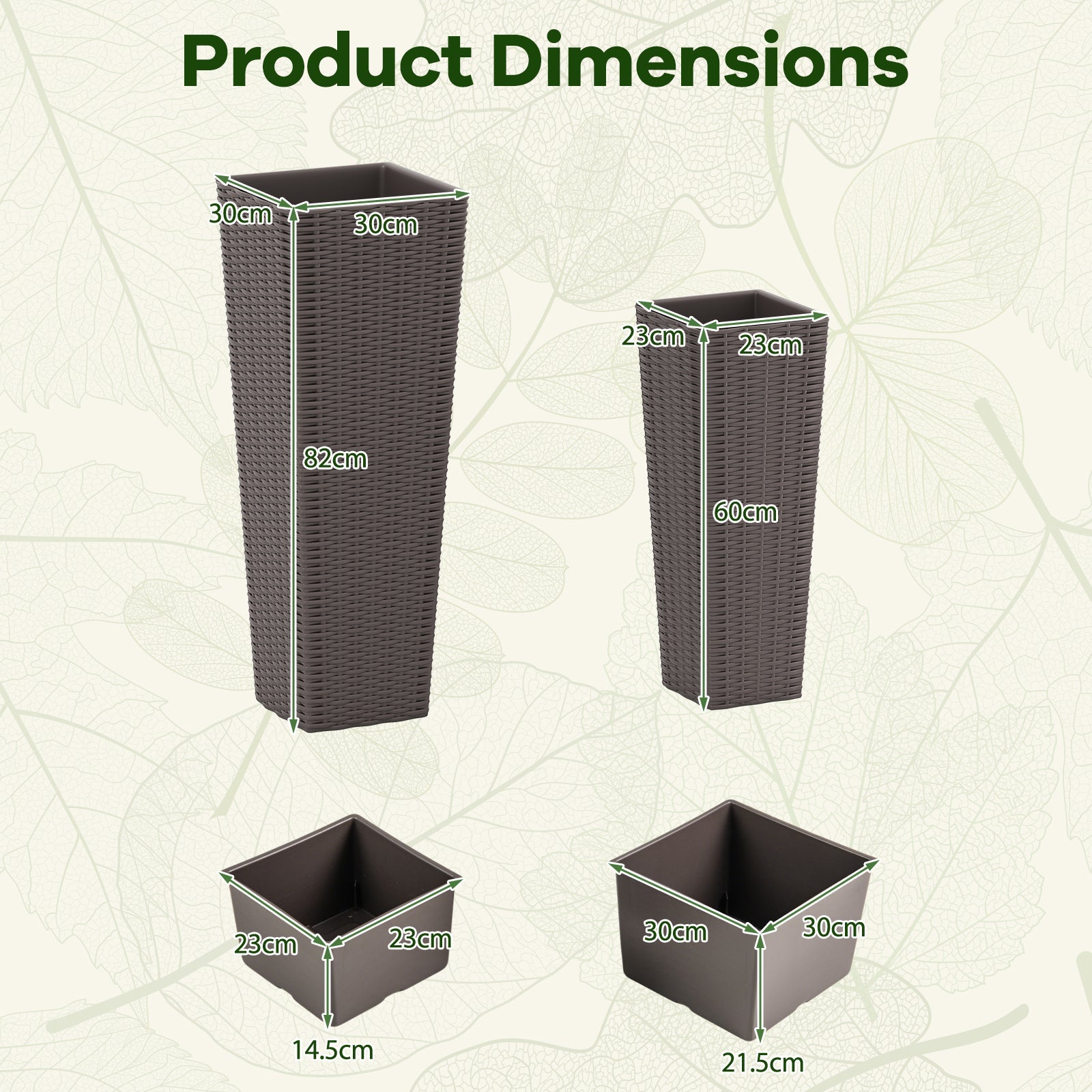 Rattan Tall Planter Set of 2 Outdoor Large Tapered Planters with Removable Inner Trays