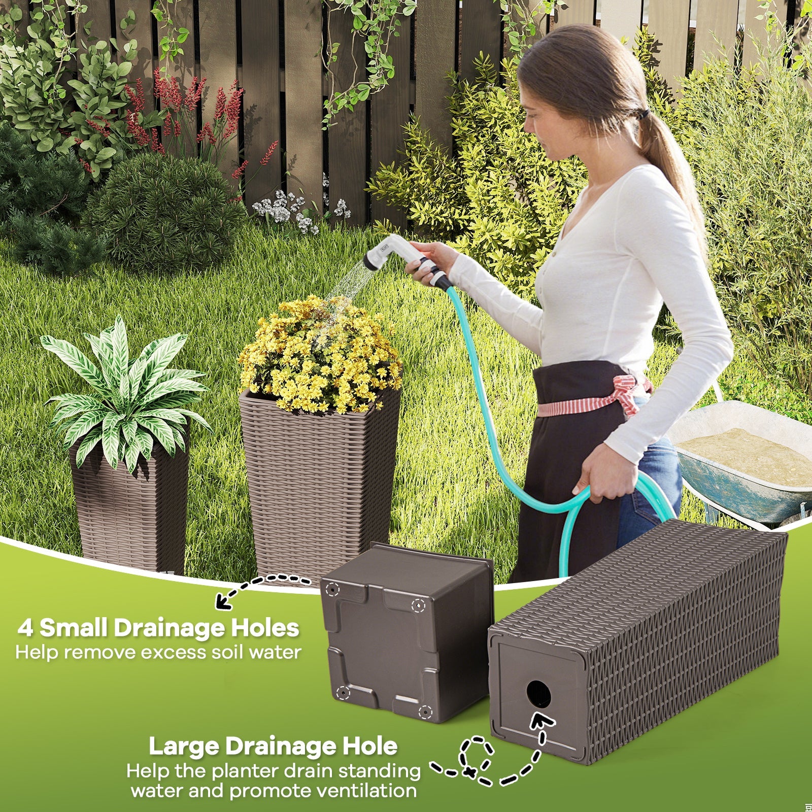 Rattan Tall Planter Set of 2 Outdoor Large Tapered Planters with Removable Inner Trays