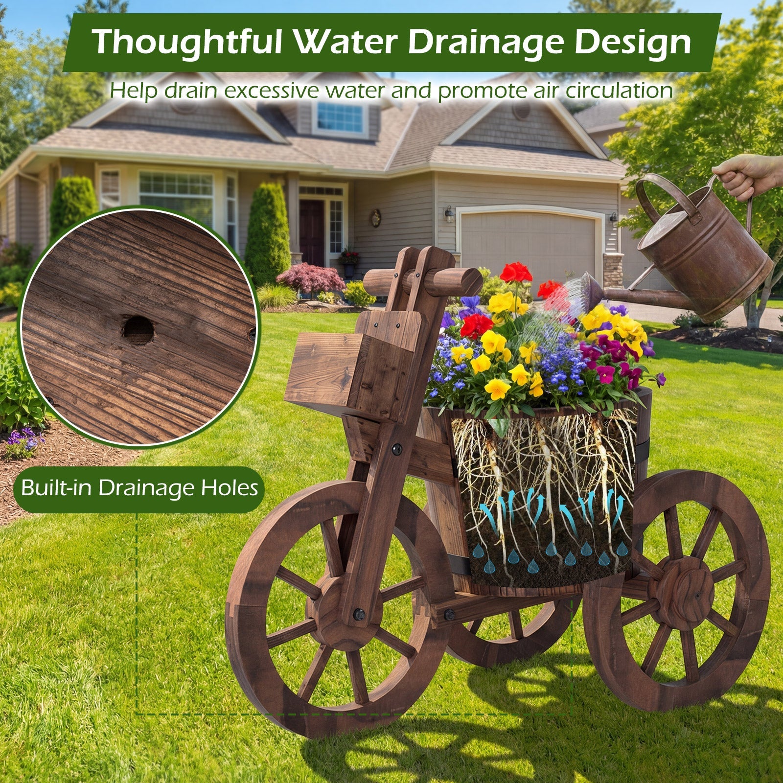 Rustic Wood Tricycle Planter with Wheels and Storage Box-Coffee