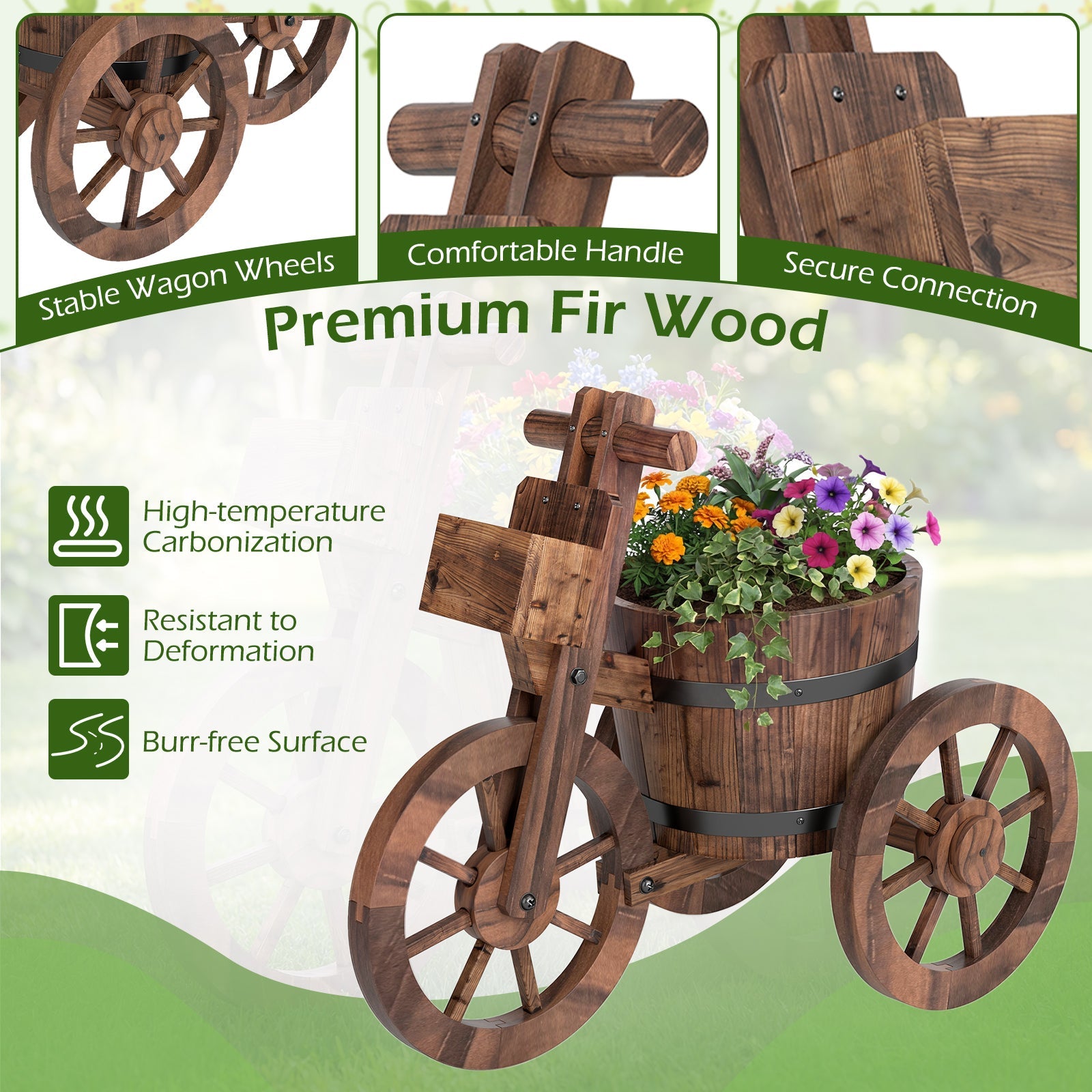 Rustic Wood Tricycle Planter with Wheels and Storage Box-Coffee