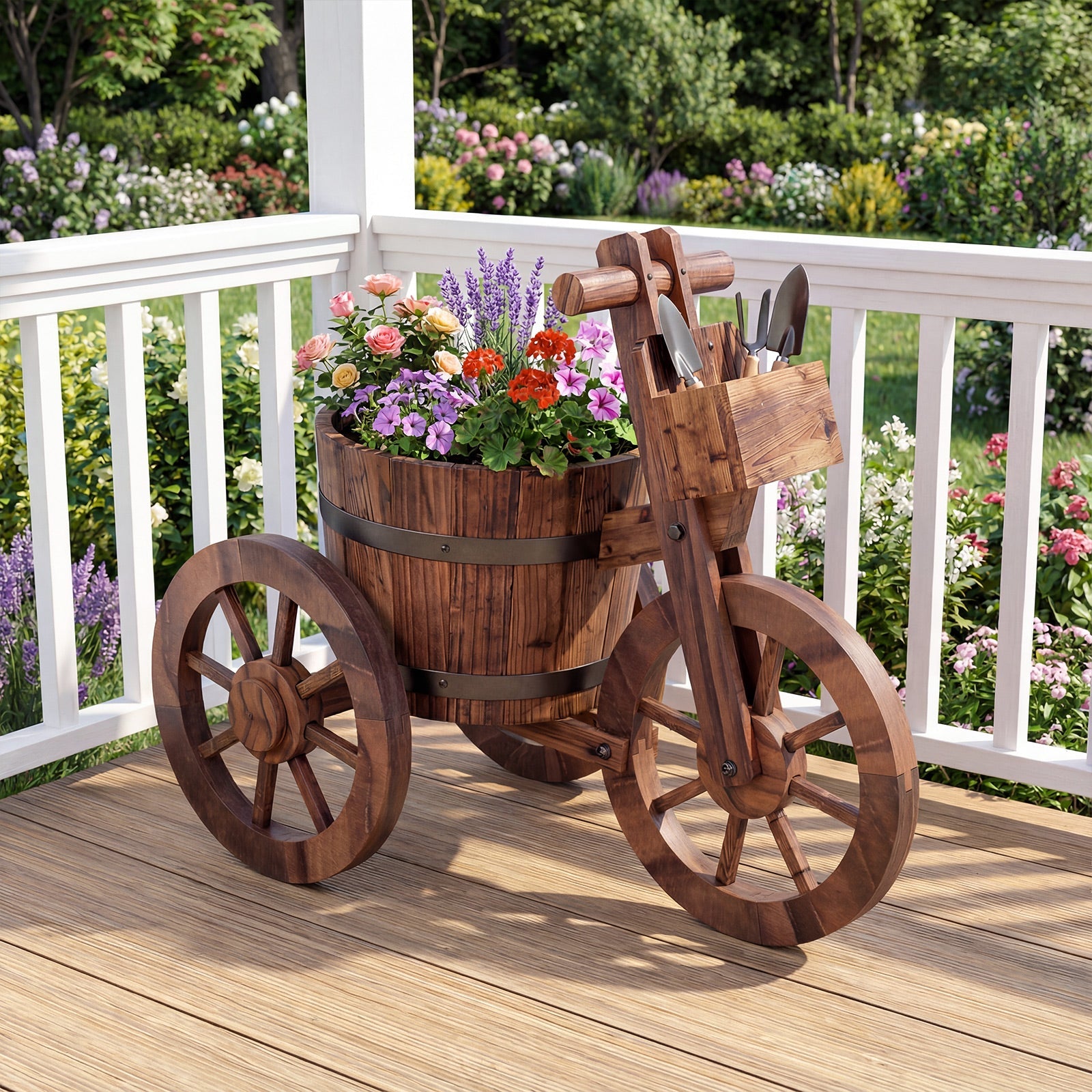 Rustic Wood Tricycle Planter with Wheels and Storage Box-Coffee