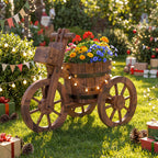 Rustic Wood Tricycle Planter with Wheels and Storage Box-Coffee