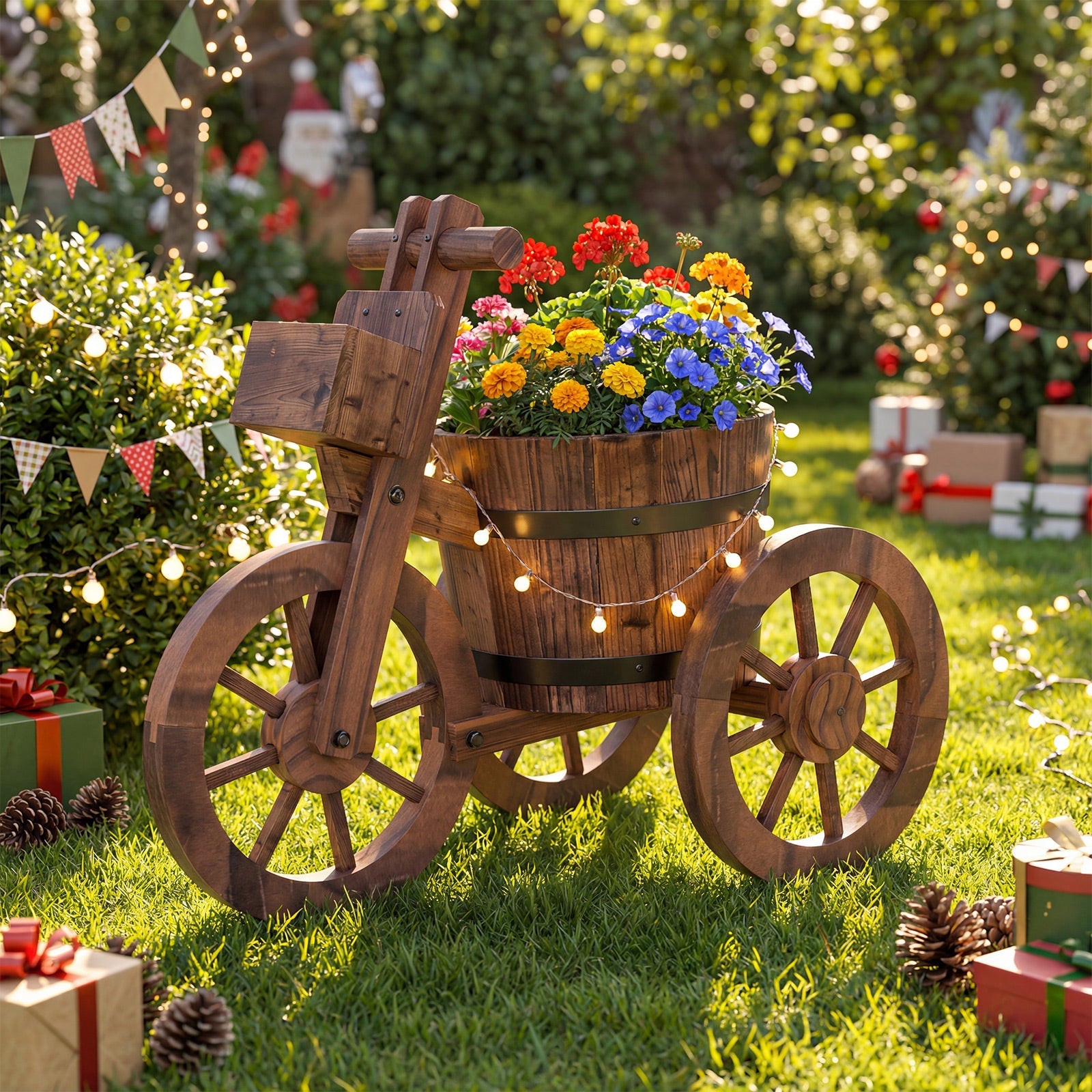 Rustic Wood Tricycle Planter with Wheels and Storage Box-Coffee