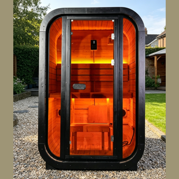 NJ Outdoor Steam Sauna 2 Person Cube Solid Carbonized Spruce Traditional 6KW Stove Steam Sauna