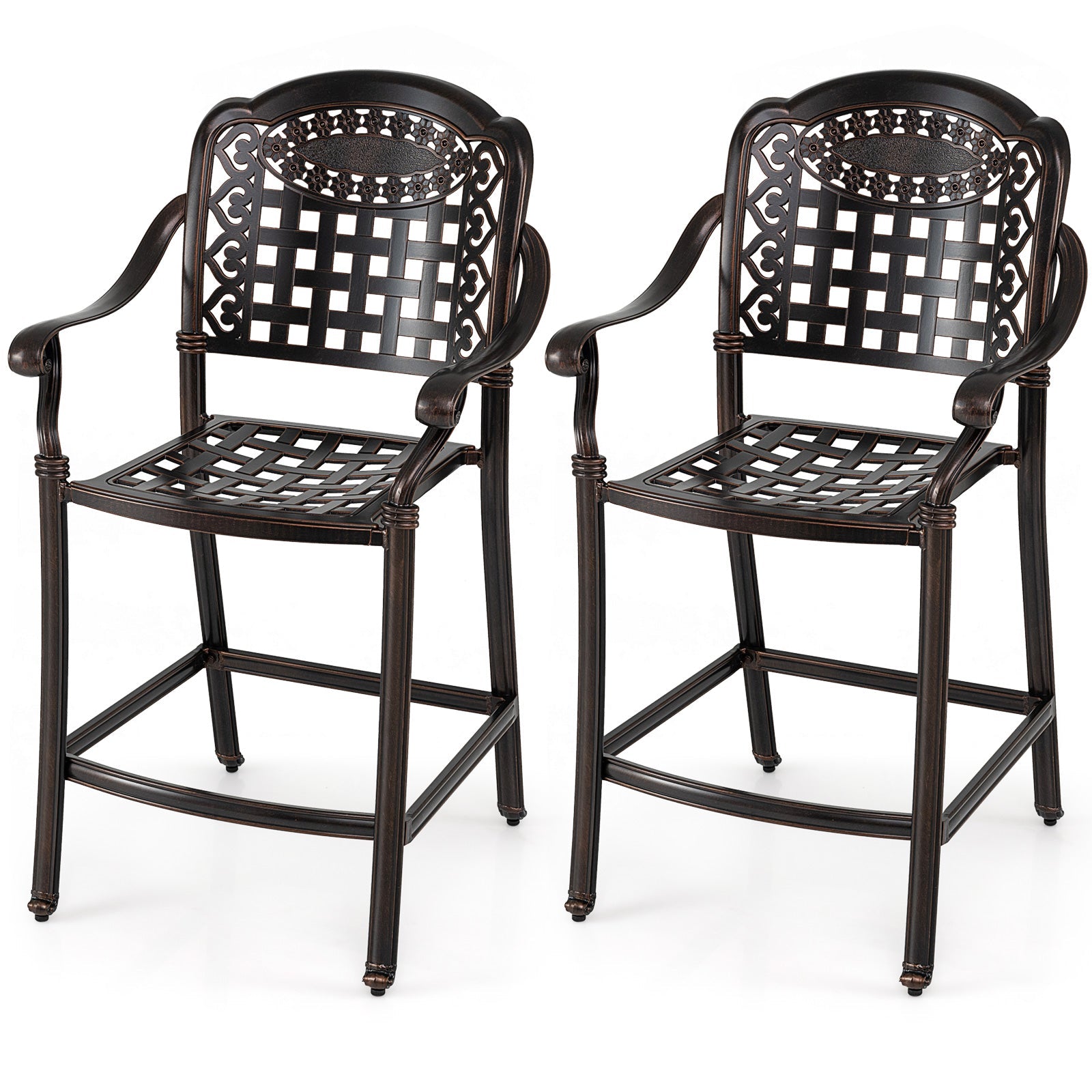 Set of 2 Outdoor Bar Stools - 25.5 Inch Counter Height - Cast Aluminum Bar Chairs