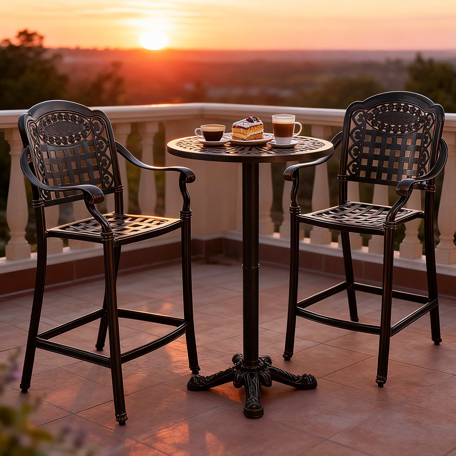 Set of 2 Outdoor Bar Stools - 25.5 Inch Counter Height - Cast Aluminum Bar Chairs