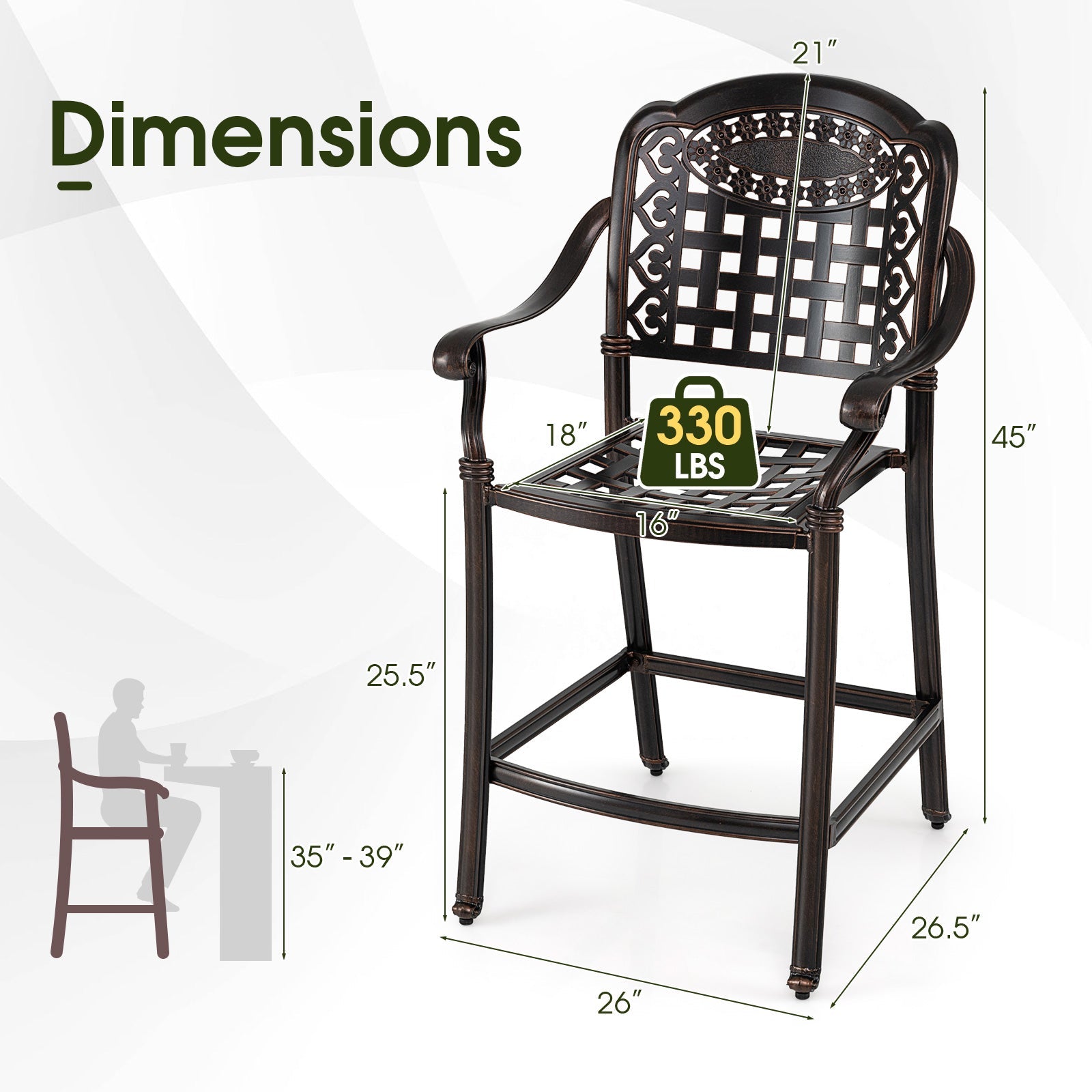 Set of 2 Outdoor Bar Stools - 25.5 Inch Counter Height - Cast Aluminum Bar Chairs