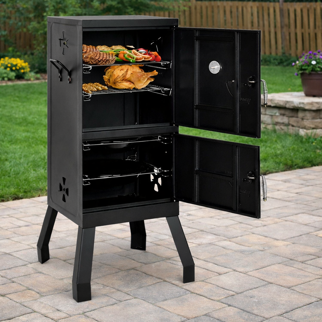 Vertical 2-Tier Outdoor Barbeque Grill with Temperature Gauge
