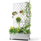 White Metal Outdoor Raised Garden  Planter Box with Trellis on Wheels
