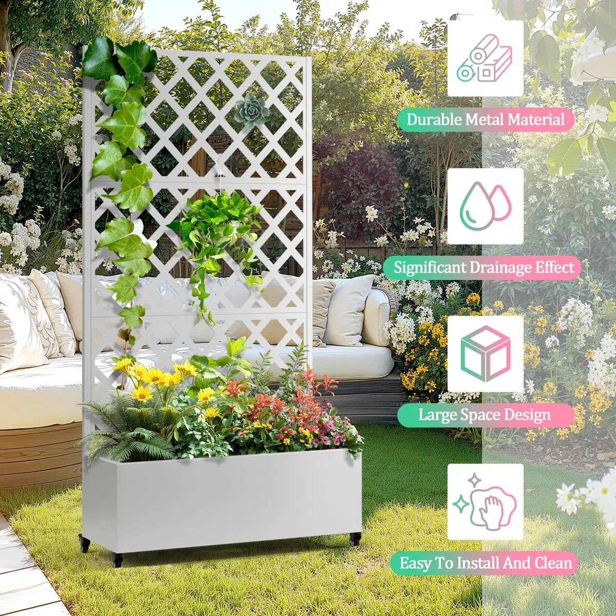 White Metal Outdoor Raised Garden  Planter Box with Trellis on Wheels