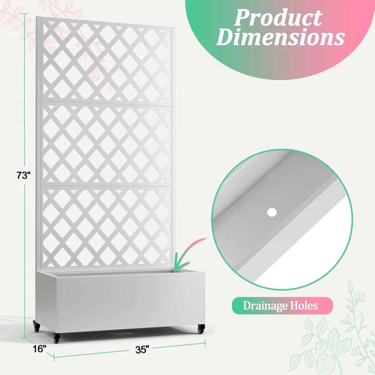 White Metal Outdoor Raised Garden  Planter Box with Trellis on Wheels