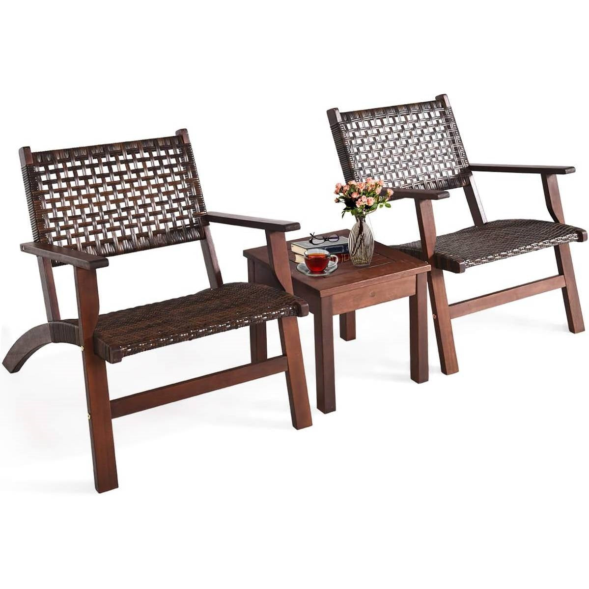 Solid Wood and Rattan 3-Piece Outdoor Patio Furniture