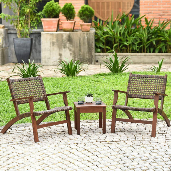 Solid Wood and Rattan 3-Piece Outdoor Patio Furniture