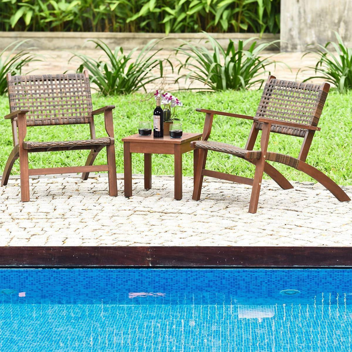 Solid Wood and Rattan 3-Piece Outdoor Patio Furniture