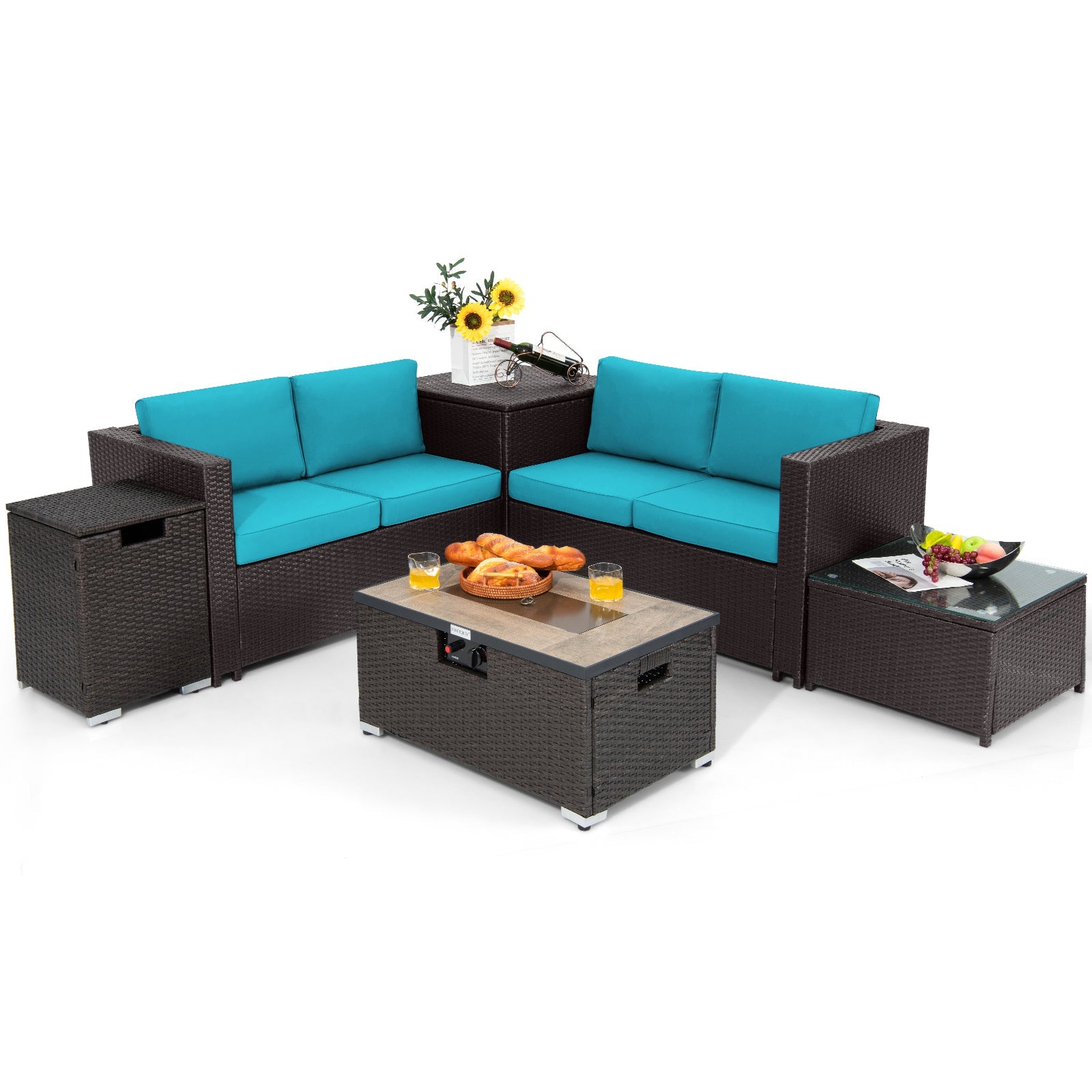 6 Pieces Outdoor Wicker Furniture Set with 32 Inch Propane Fire Pit Table