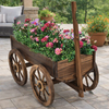 Outdoor Garden Fir Wood Barrel Planter Wagon on Wooden Wheels