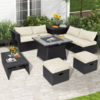 9 Pieces Outdoor Wicker Sectional with 35 Inch Gas Fire Pit Table