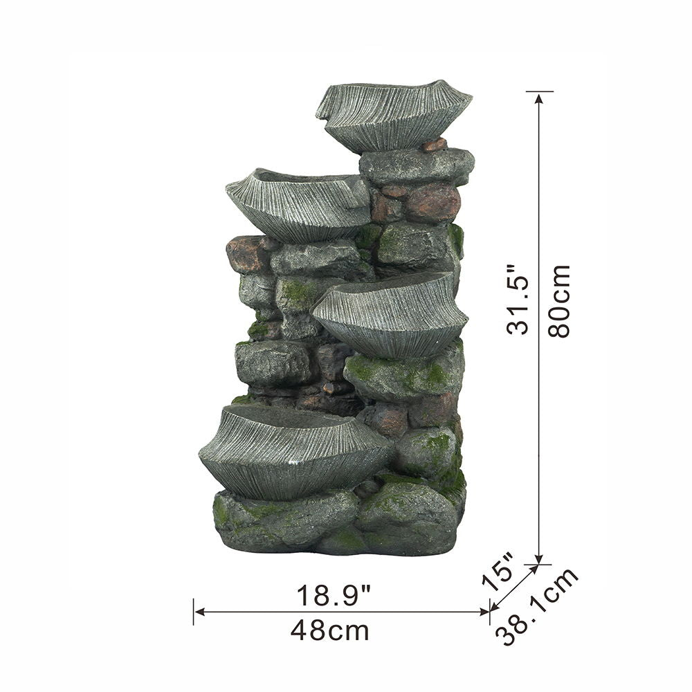4 Tier Poly resin Cascading Rock Bowl Freestanding Fountain With LED Ligh - Gray