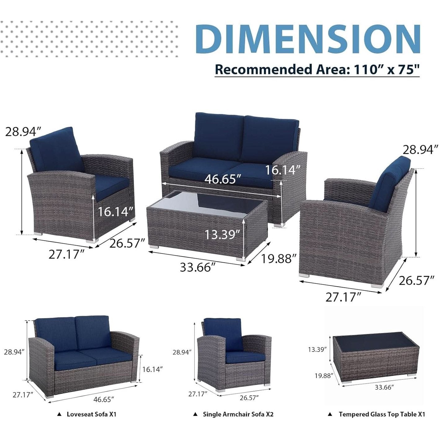 Navy Blue Outdoor Rattan Patio Furniture Set