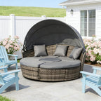 Outdoor Round Daybed Set PE Rattan Dark Gray 4 Piece Canopy