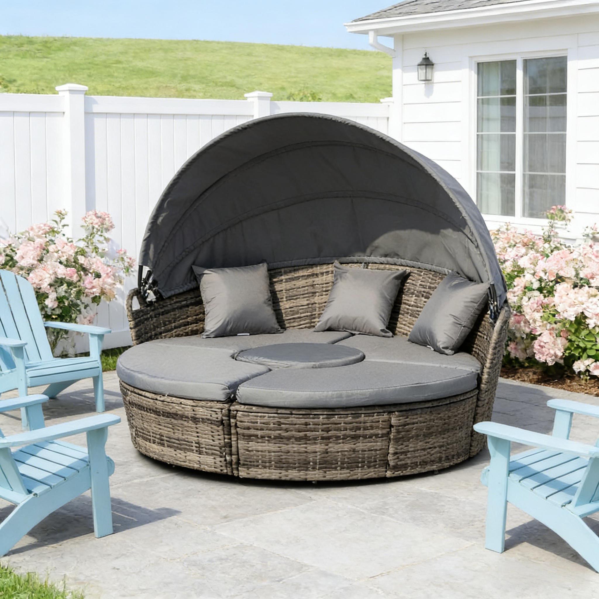 Outdoor Round Daybed Set PE Rattan Dark Gray 4 Piece Canopy