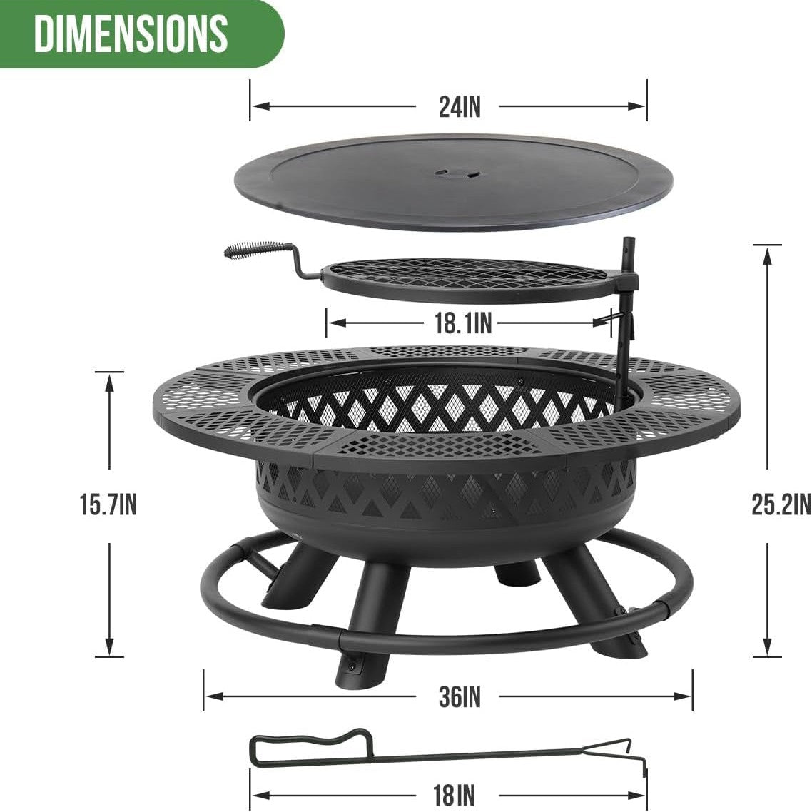 36 Inch Fire Pit with Grill,Wood Burning Fire Pits for outside with Lid& Fire Poker,Round Metal Firepit Table 3 in 1 with Cooking Grate,Outdoor Firepits for Yard Patio Bonfire Camping(Black)