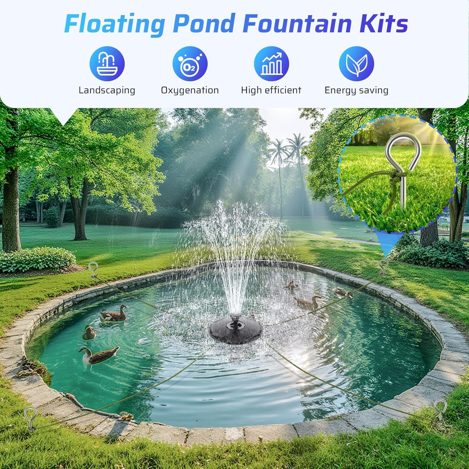 Floating Pond Fountain with Remote Control RGB LED Lights, 40W 660GPH Water Pump with 3 Spray Modes, Floating Fountain 27FT Cord & 65.6FT Mooring Line for Garden Ponds, Outdoor Water Features