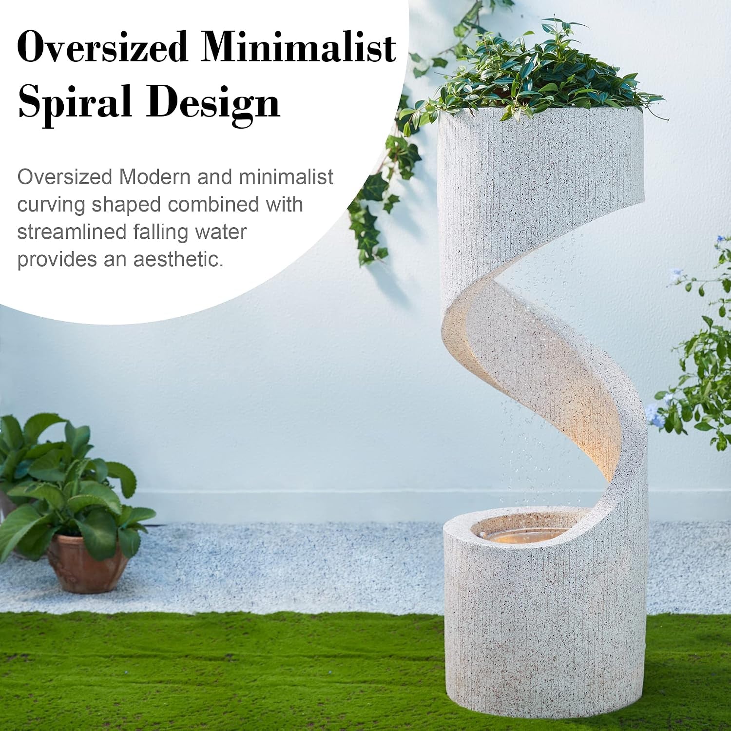Outdoor Water Fountain with LED Light, Modren Curved Waterfall Fountain with Stone Planter, Faux Terrazzo Spiral Shaped Outdoor Fountains Water Feature for Garden Patio Deck Porch, 40.25â€H
