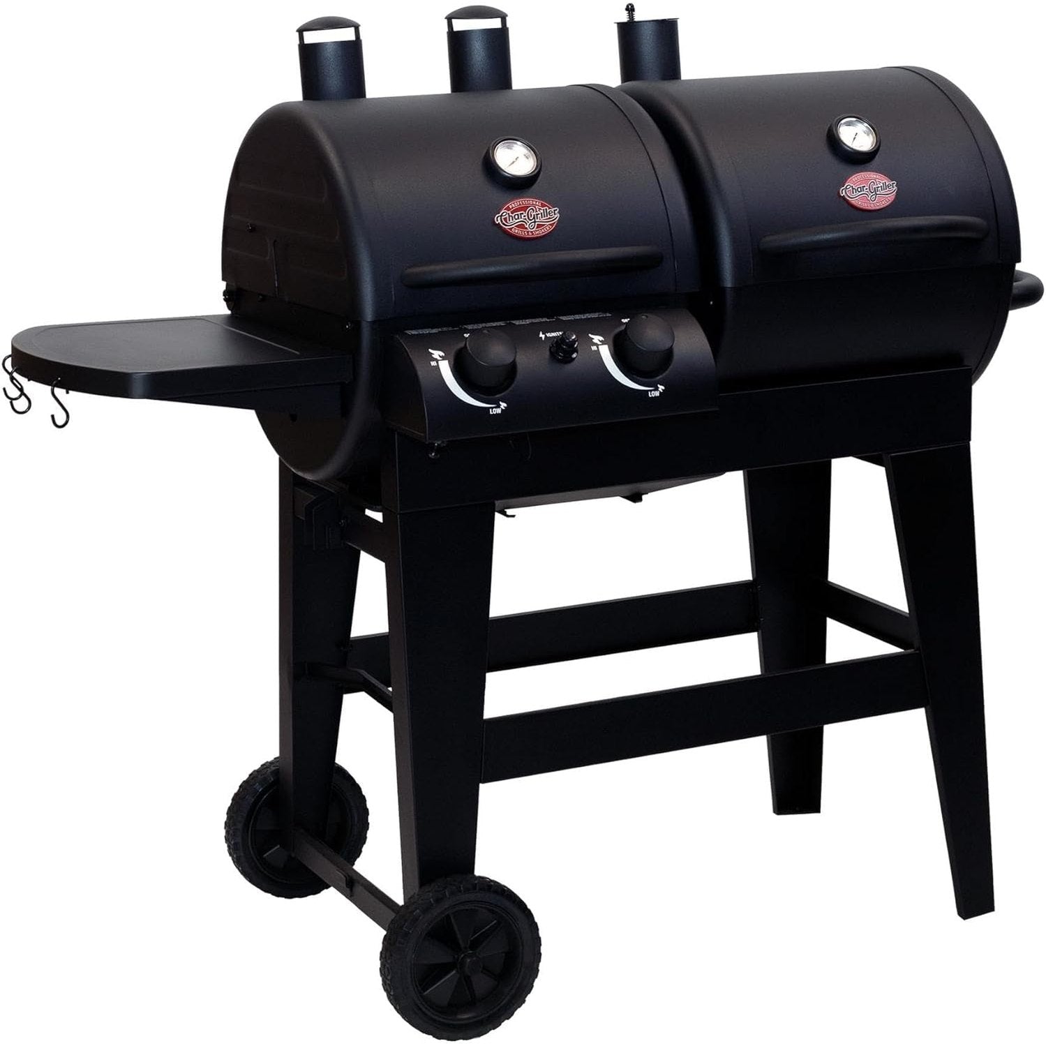 Char-Griller ® Dual-Function 2-Burner 24,000 BTU Propane Gas and Charcoal Combination Grill and Smoker with 870 Cooking Square Inches in Black, Model E5030