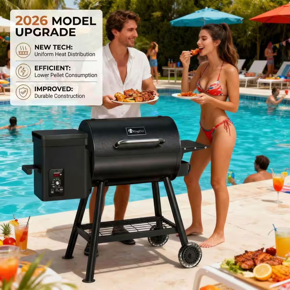 KingChii - 456 Sq. In. Wood Pellet Grill and Smoker BBQ with PID Auto Temperature Control in Black