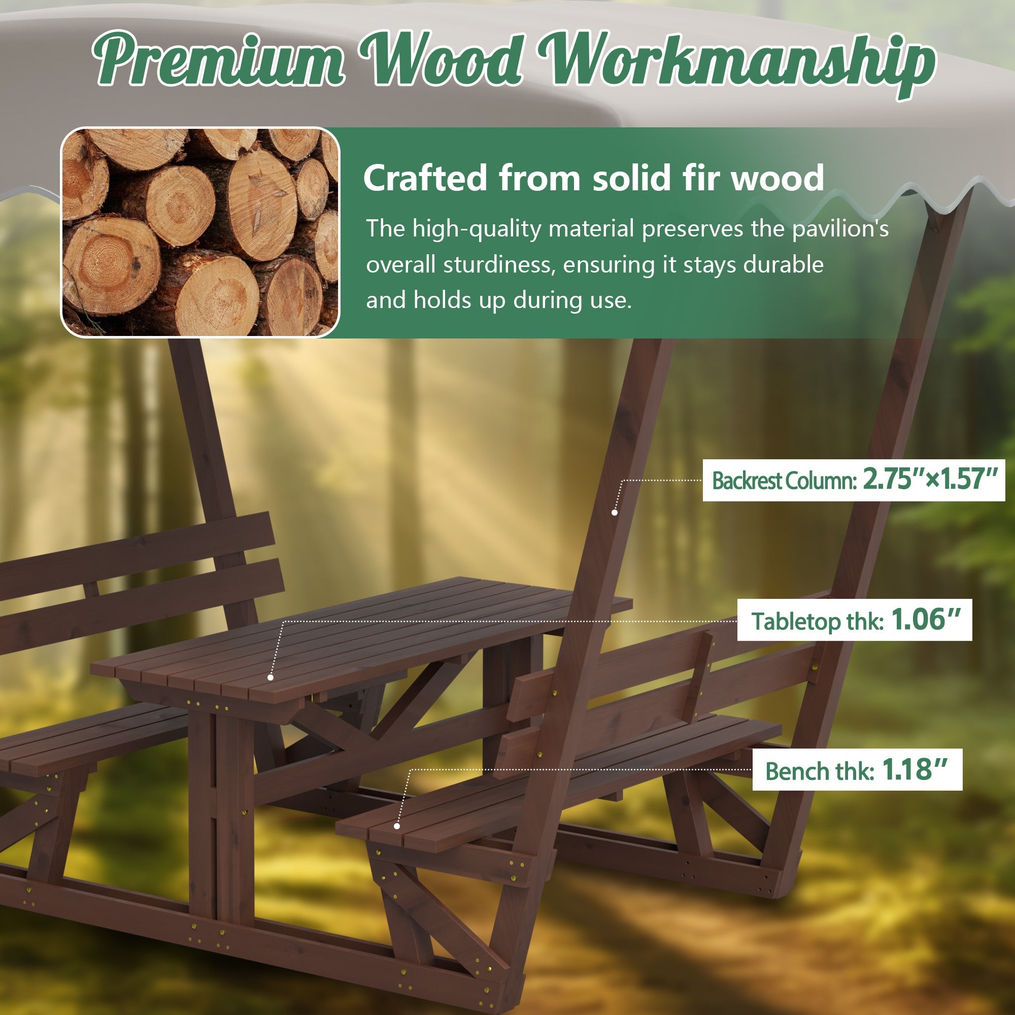 Outdoor Waterproof Solid Wood Picnic Table and Bench Set with Removable Canopy