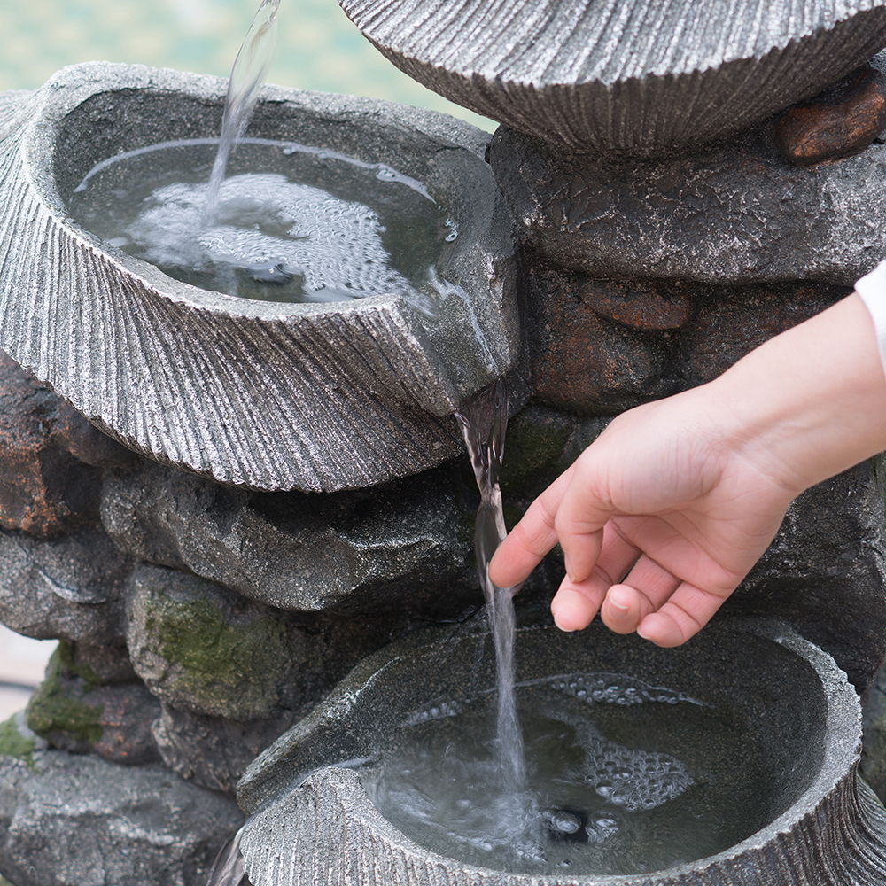 4 Tier Poly resin Cascading Rock Bowl Freestanding Fountain With LED Ligh - Gray