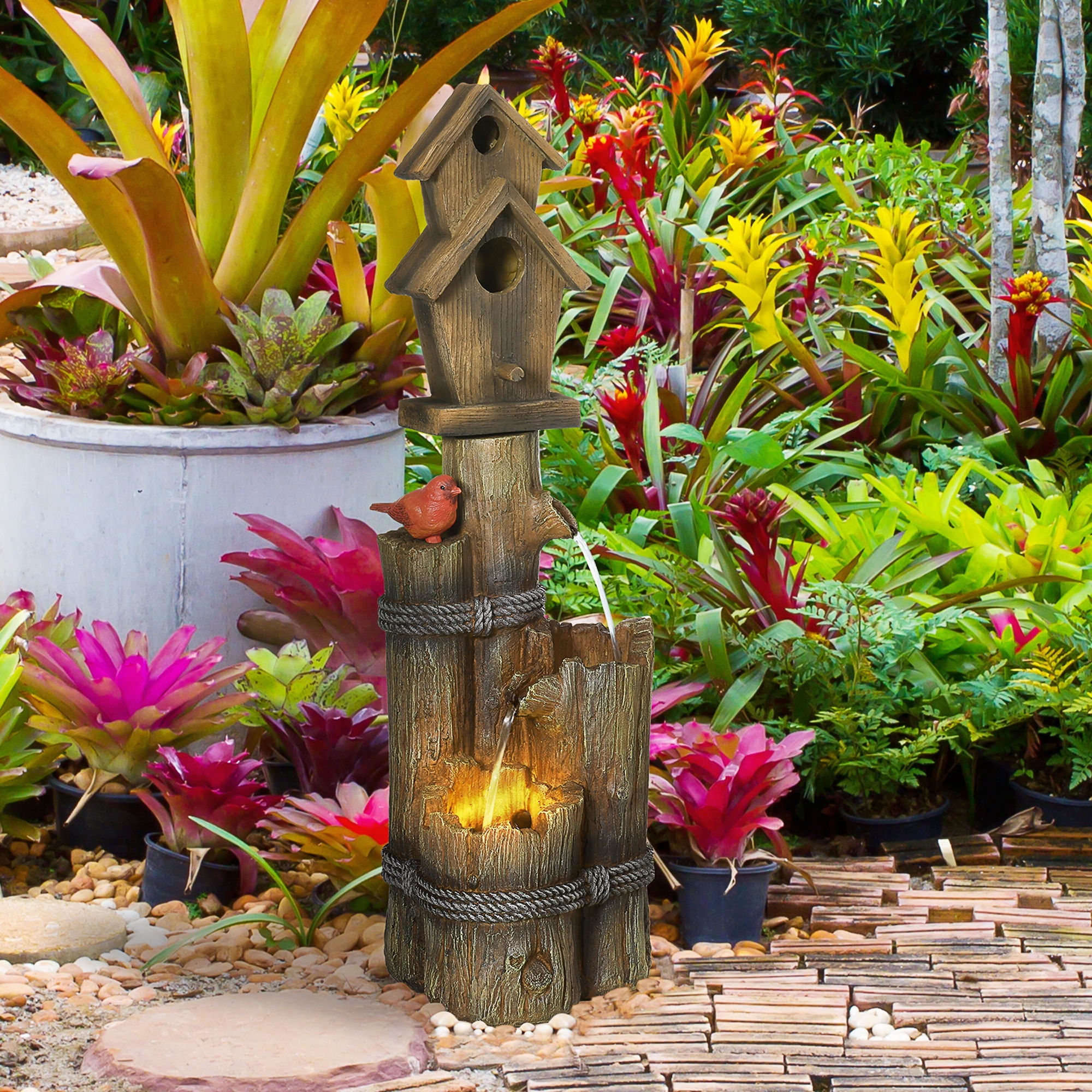 Outdoor Fountain With Birdhouse, Cascading Garden Waterfall