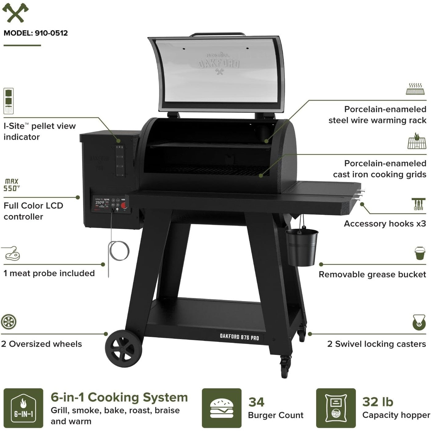 Oakford 875 Pro Pellet Gril with 824 SQ in Cooking Area, Cast Iron Grates, I-Site View Indicator, Heavy Duty Pellet Smoker Grill with Bluetooth Connectivity - 910-0512